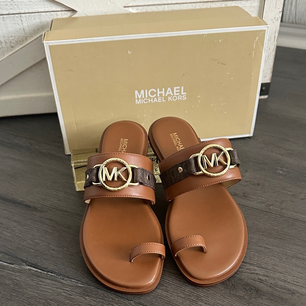 Michael Kors Tan Sandals with Gold Emblem